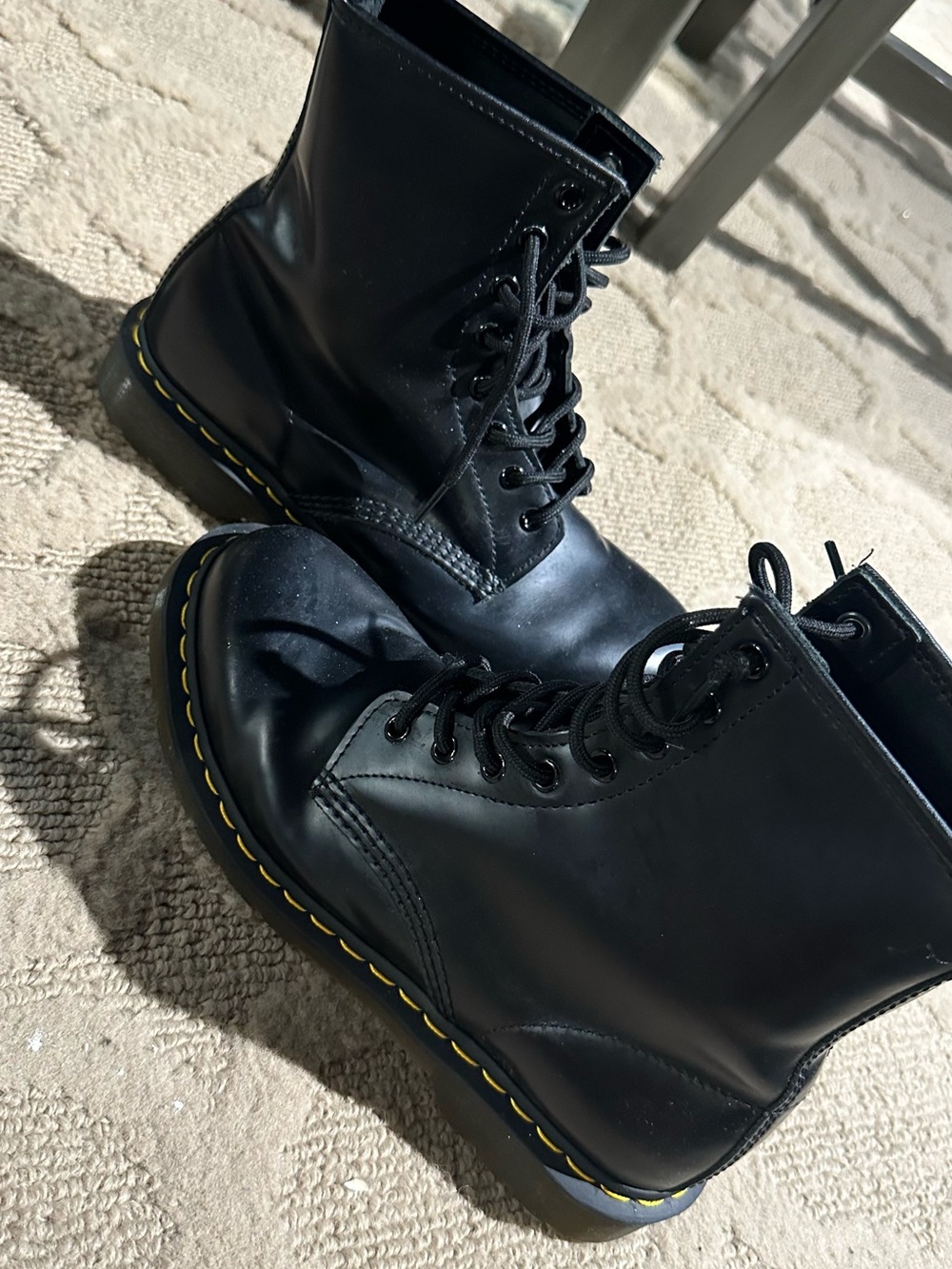 Dr. Martens Black Leather Ankle Boots with Yellow Tag Detail